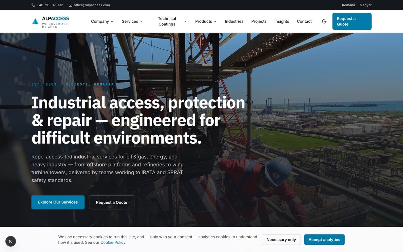 The rebuilt AlpAccess homepage, with a rope-access technician working above a refinery and the company's services summarised below