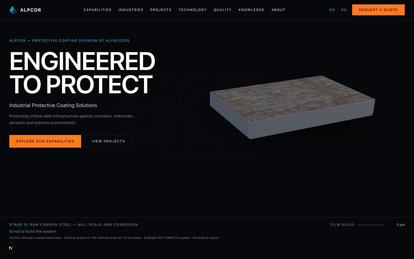 The ALPCOR homepage at the start of the scroll sequence, showing raw carbon steel before any coating is applied