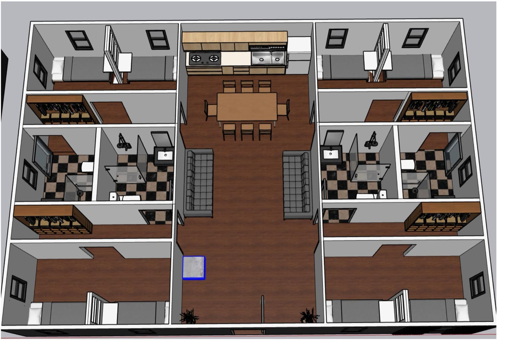 Cutaway perspective of the container residence with the roof removed, showing four furnished bedrooms in pairs at either end and the open kitchen, dining and living space running through the centre