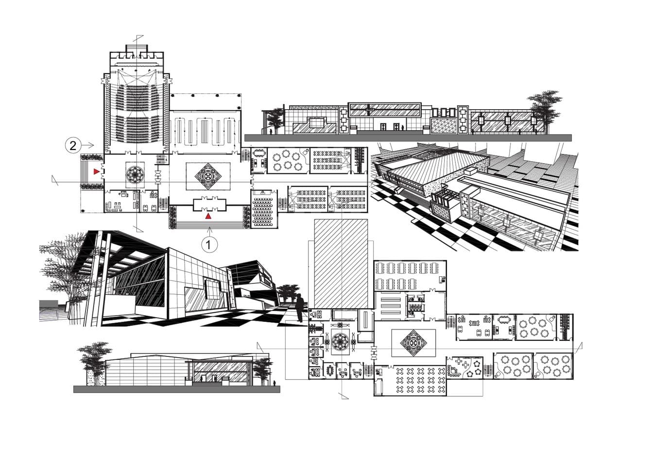 Planuri arhitecturale și desene de perspectivă pentru un teatru contemporan