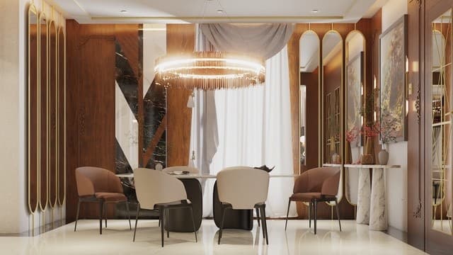 Zonă de dining cu detalii de marmură și bronz
