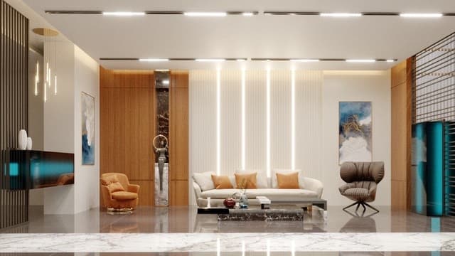 Coridor interior cu marmură, lemn și detalii bronz