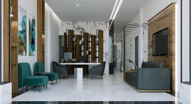 مساحة مكتبية تعاونية بتنجيد أخضر ونباتات