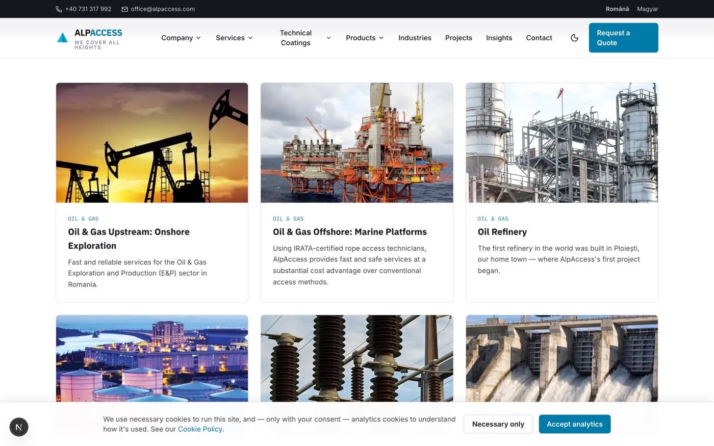The industries section, listing the sectors the company works in